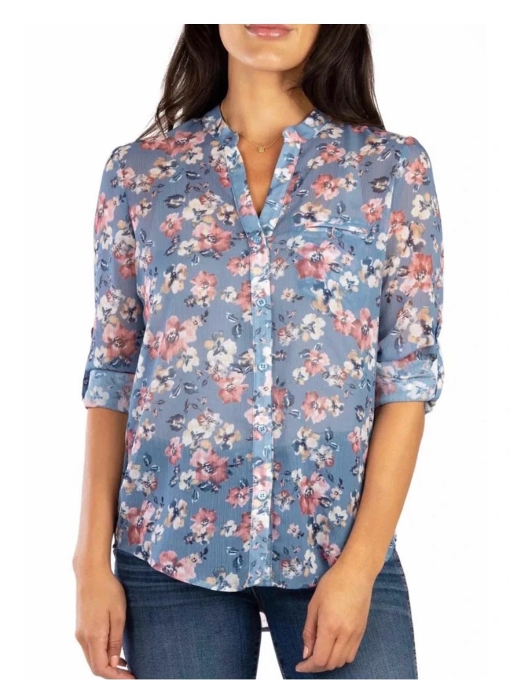Kut from the Kloth Light Blue Floral Button-Up Blouse ptp 24 length 29
